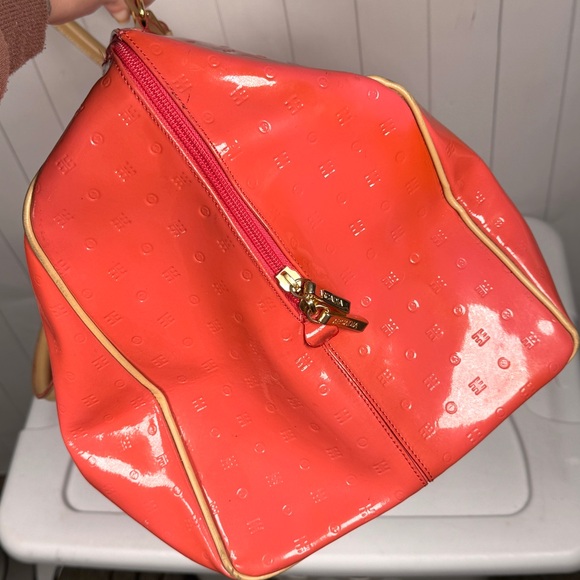 Arcadia Large Pink Embossed Patent Leather Duffle Bag Glam Preppy Lux Weekender - Picture 7 of 13
